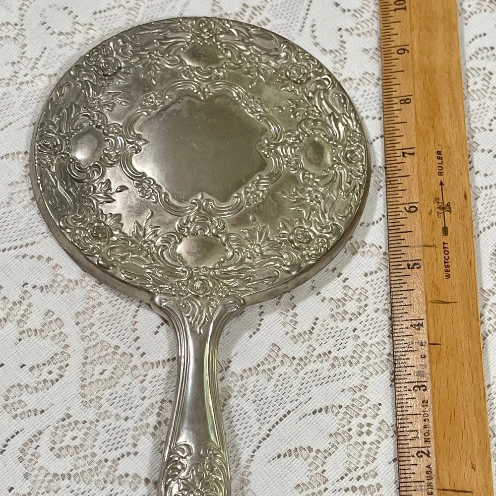 Vintage Victorian Vanity Mirror Silver Tone Handheld Mirror Art Deco